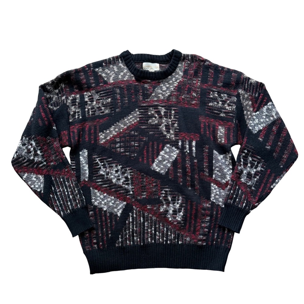 Vintage Chapel Hill Mens XL Abstract Geometric Knit Sweater Black Red 90s